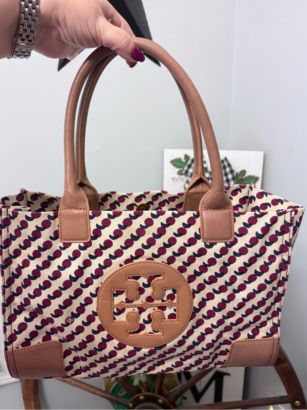TORY BURCH Cream Canvas Tote with Pinkish Red Dot Pattern and Tan Leather Trim
